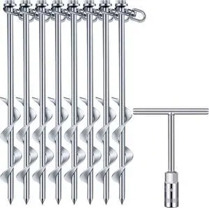 Zhengmy 8 Pcs Ground Anchors Screw in, 12 Inch Heavy Duty Tent Stakes with Trampoline Anchor Hook Ground Stakes for Camping Tent Canopies Ports Sheds Swing Sets Securing Animals (Silver)