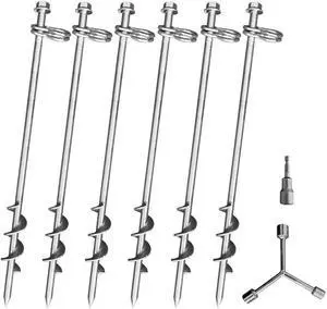 Ground Anchors Screw in - 16 Inch Set of 6 - Tent Stakes Heavy Duty Double Arbitrary Direction Galvanized Kits for Swing and Trampoline Set High Wind Solid Metal Hex Head Dog Tie Out Stake (6)