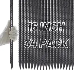 AAGUT Rebar Stakes 16 inch (34pcs) Heavy Duty 3/8 Ground Anchors Steel Garden Stakes Metal Straight Camping Tent Spikes with Chisel Point End for Hard Soil, Black Powder Coated