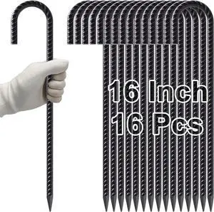 VVOKGO Rebar Stakes 16 Inches J Hook Heavy Duty Chain Link Fence Stakes, 16 Pcs Metal Long Tent Spikes Ground Anchors for Wire Fencing, Dogs Digging, Camping Tents, Swings, Greenhouse, Black
