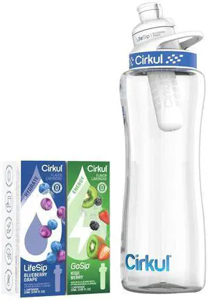 Cirkul 32oz. BPA-Free Plastic Water Bottle Starter Kit with Navy Lid, 2 Flavor Cartridges (1 LifeSip Blueberry Grape, 1 GoSip Kiwi Berry) No Sugar, Zero Calorie Drink Mix