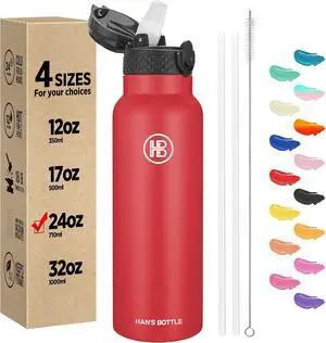Han's Bottle Sports Water Bottle - 24 Oz, Straw Lid, Leak Proof, Vacuum Insulated Stainless Steel, Double Walled, Thermo Mug,Red