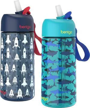 Bentgo Kids Water Bottle 2-Pack - Leak-Proof, Durable Tritan, BPA-Free 15 oz. Cup for Kids/Toddlers Ages 3+, Safe Sip Spout, & Dishwasher Safe for School/Sports/Daycare/Camp (Rocket/Shark)