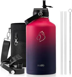 BUZIO 64oz Insulated Water Bottle Stainless Steel Double Wall Leak Proof Half Gallon with Straw Lid and Flex Cap (Cold for 48 Hrs) Sports Flask Metal Travel Mug for Hiking Cycling, Ruby Red Navy