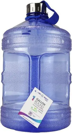 New Wave Enviro Iconic 1 Gallon Round BPA Free Water Bottle with Stainless Steel Cap and Integrated Handle, Ideal for Gym and Outdoor Life, Blue