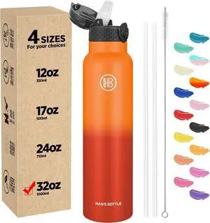 Han's Bottle Sports Water Bottle - 32 Oz, Straw Lid, Leak Proof, Vacuum Insulated Stainless Steel, Double Walled, Thermo Mug,Fire