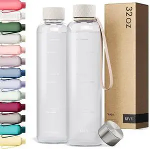 KIVY Slim Water Bottle 32oz [Lightweight & Shatterproof] Fits Backpack & Cupholder for Travel, Sports, School, Gym - Clear water bottle with measurements - Transparent Tritan Beige - Dishwasher Safe