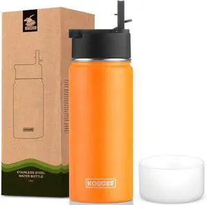 koodee Water Bottle with Straw-16 oz Stainless Steel Double Wall Vacuum Insulated Water Flask Metal Sports Water Bottle for School (Mango Yellow)