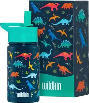 Wildkin Kids 14oz Stainless Steel Water Bottle  BPA-Free, Leakproof, Insulated, Easy-Clean - Jurassic Dinosaurs