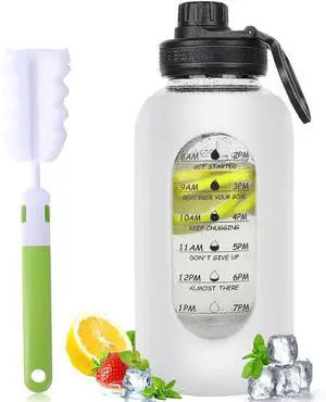 40oz Glass Water Bottle with Handle Lid Time Marker Motivational Sport Water Jug with Silicone Sleeve Water Flask Canteen Wide Mouth Water Bottle for Gym Workout Travel Office Home Everyday Hydration