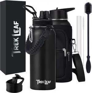 Travel Water Bottle with Carrying Bag, 3 Lids (Spout, Straw, Flip), and Bottle Brush; Leak Proof, Quality, Vacuum Insulated, Stainless Steel (Black, 32 oz)