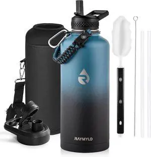 Insulated Water Bottle 87 oz, Triple Wall Vacuum Stainless Steel (Cold for 48 Hrs), Leak Proof & Non-BPA, Modern Water Flask Jug with Paracord Handle & Straw Spout Lids, Indigo/Black