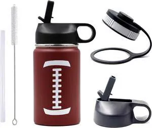 12 oz Football Water Bottle, Metal Sports Flask Travel Tumbler with 2 Lids, Stainless Steel Double Wall Vacuum Insulated Water Bottles, Football Accessories Gear Gifts for Boys Girls Fan