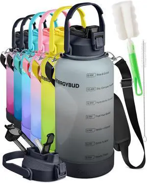 1 Gallon Water Bottle With Straw Dishwasher-Safe BPS & BPA Free, 2 Cleaning Brush Motivational 128oz Water Jug with Time Markers, Wide-Mouth Tritan, Gym & Exercise Equipment(Clear & Black)