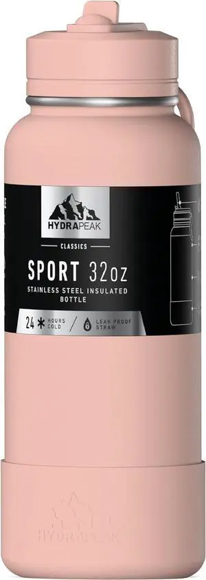 Hydrapeak 32oz Sport Insulated Water Bottle with Straw or Chug Lid, Leak & Spill Proof, Keeps Drinks Cold for 24 Hours, Hot for 12 Hours, Premium Stainless Steel Water Bottles (32oz, Peony)