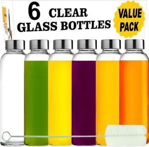 Brieftons Clear Glass Water Bottles With Caps: 6 Pack, 18 Oz Premium Soda Lime, Reusable Drinking Bottle, Sauce Jar, Juice Beverage Container, Kefir Kit, With Leakproof Lids and Cleaning Brush