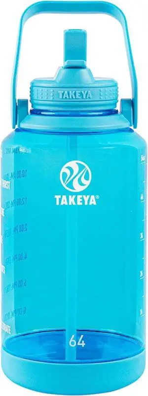 Takeya Tritan 64 oz Motivational Water Bottle with Straw Lid - Durable, BPA-Free - With Time Marker - Leakproof & Non-Slip Bumper - Breezy Blue