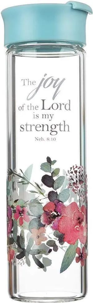 Christian Art Gifts Reusable Floral Glass Water Bottle with Light Blue Pop-Up Lid for Travel and Beverages - 20 oz Bottle with Inspirational Scripture for Women - The Joy of The Lord -Nehemiah 8:10