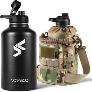64Oz Tactical Water Bottle - Half Gallon Stainless Steel Insulated Water Bottle, Metal Military Bottle with Rugged, Removable Sleeve Tactical Carrier Bag for Hiking Camping Hunting (CP)