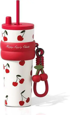24 OZ Stainless Steel Tumbler with Lid and Straw, Sidagar Insulated Water Bottle Leak Proof for Hot and Cold, Portable Iced Travel Coffee Mug, Reusable Thermal Coffee Cup For Women Women, Cherry