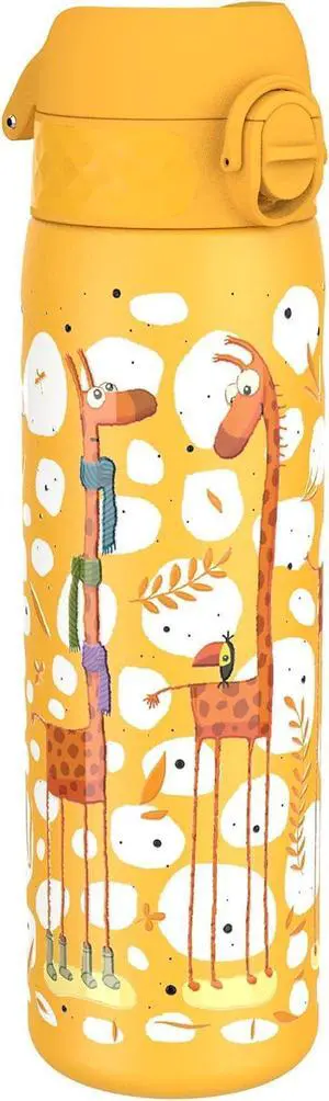 Ion8 Steel Water Bottle, 600 ml/20 oz, Leak Proof, Easy to Open, Secure Lock, Dishwasher Safe, Flip Cover, Fits Cup Holders, Carry Handle, Durable, Scratch Resistant, Raised Print, Giraffes Design