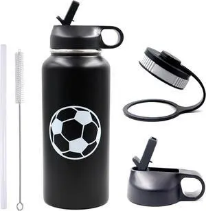 32 oz Soccer Water Bottle, Wide Mouth Sports Flask Travel Tumbler with 2 Lids, Stainless Steel Double Wall Vacuum Leak Proof Insulated Water Bottles, Soccer Stuff Gifts for Mom Men Boys Girls Player