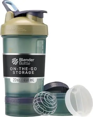 BlenderBottle Shaker Bottle with Pill Organizer and Storage for Protein Powder, Classic V2 ProStak System, 22-Ounce, Tan