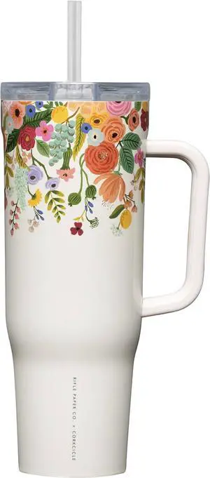 Corkcicle x Rifle Paper Co. Cruiser Insulated Tumbler with Handle & Straw - Keeps Drinks Cold 20 Hours - BPA-Free - Gift for Mom - Great for Mother's Day or Christmas - 40 oz - Garden Party Cream