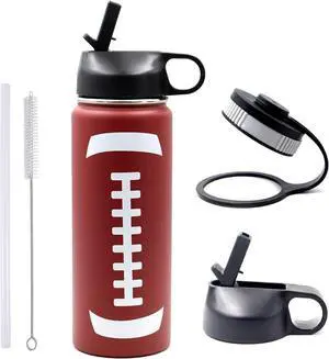 18 oz Football Water Bottle, Metal Thermo Travel Mug Sports Flask with 2 Lids, Stainless Steel Double Wall Vacuum Insulated Leak Proof Water Bottles, Football Accessories Gifts for Mom Men Boys Girls