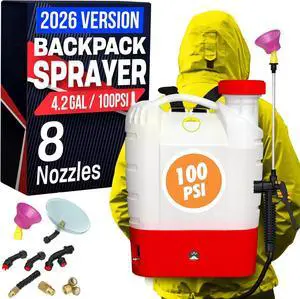 Battery Powered Backpack Sprayer - 4.2 Gallon, 8 Nozzles, 100PSI Cutoff, Long Battery Life, Wide Mouth, High-Pressure Spray Hose, Trigger Lock, Pressure Knob Controller Battery Powered Backpack Sprayer - 4.2 Gallon, 8 Nozzles, 100PSI Cutoff, Long Battery Life, Wide Mouth, High-Pressure Spray Hose, Trigger Lock, Pressure Knob Controller