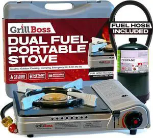 Grill Boss Dual Fuel Camp Stove - 12,000 BTU Butane & Propane Portable Stoves for Camping, Emergencies, BBQ, Hiking & Backpacking - Double Wind Guard, Instant Piezo Ignition System - 90057 Grill Boss Dual Fuel Camp Stove - 12,000 BTU Butane & Propane Portable Stoves for Camping, Emergencies, BBQ, Hiking & Backpacking - Double Wind Guard, Instant Piezo Ignition System - 90057