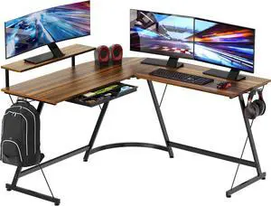 SHW 51 x 51 L-Shaped Corner Desk w/Monitor Stand and Drawer, Walnut | Drawer with adjustable compartments SHW 51 x 51 L-Shaped Corner Desk w/Monitor Stand and Drawer, Walnut | Drawer with adjustable compartments