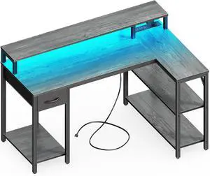SUPERJARE 47 inch Reversible L Shaped Desk with LED Lights & Power Outlets, Computer Desk with Shelves & Monitor Stand, Gaming Desk with Drawer, Home Office Desk Corner Desk, Grey SUPERJARE 47 inch Reversible L Shaped Desk with LED Lights & Power Outlets, Computer Desk with Shelves & Monitor Stand, Gaming Desk with Drawer, Home Office Desk Corner Desk, Grey