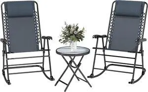 Outsunny 3 Piece Outdoor Rocking Bistro Set, Patio Folding Chair Table Set with Glass Coffee Table for Yard, Patio, Deck, Backyard, Grey Outsunny 3 Piece Outdoor Rocking Bistro Set, Patio Folding Chair Table Set with Glass Coffee Table for Yard, Patio, Deck, Backyard, Grey