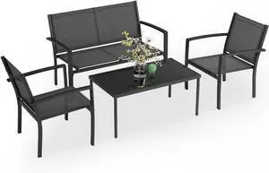 Greesum 4 Pieces Patio Furniture Set, Outdoor Conversation Sets for Patio, Lawn, Garden, Poolside with A Glass Coffee Table, Black Greesum 4 Pieces Patio Furniture Set, Outdoor Conversation Sets for Patio, Lawn, Garden, Poolside with A Glass Coffee Table, Black
