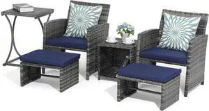 OC Orange-Casual 6 Pcs Wicker Patio Furniture Set with Ottomans, Navy Blue OC Orange-Casual 6 Pcs Wicker Patio Furniture Set with Ottomans, Navy Blue