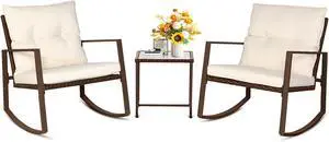 SUNCROWN 3 Piece Outdoor Rocking Bistro Set Brown Wicker Furniture Porch Chairs Conversation Sets with Glass Coffee Table, Beige SUNCROWN 3 Piece Outdoor Rocking Bistro Set Brown Wicker Furniture Porch Chairs Conversation Sets with Glass Coffee Table, Beige