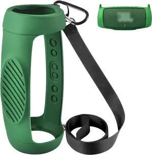 Silicone Case Cover for JBL Charge 5 Waterproof Portable Bluetooth Speaker, Travel Carrying Protective Gel Soft Skin, Waterproof Rubber Pouch with Shoulder Strap and Carabiner - Green