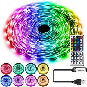 HOUHUI LED Strip Lights 32.8Ft, RGB LED Lights Strip for Bedroom, Color Changing Strip Lights Kit with 44-Keys Remote, Dimmable USB LED Light Strip for Room, Kitchen, Home, Bar, Party DIY Decoration