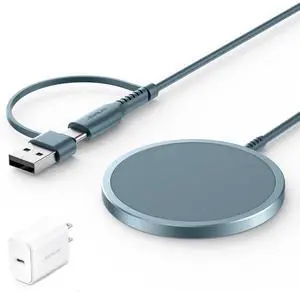 JSAUX Magnetic Wireless Charger Compatible with MagSafe Charger/iPhone 16e/16/16 Plus/16 Pro/16 Pro Max/15 14 13 12 Series, Magnet Charging Pad (Blue) with 20W PD Adapter Charger