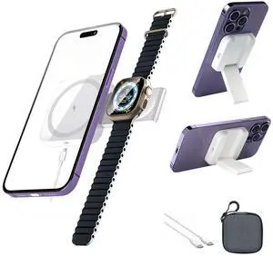 NiiTTER 3 in 1 Magnetic Charger Stand [Super Portable] Wireless Charging Station,Travel Essentials Wireless Charger Pad for iPhone and Watch Airpods Foldable Magsafe Accessories Fit iPhone 17(White)