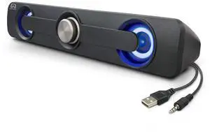 GamesterGear Desktop Compact USB Powered Wired Multimedia Mini Stereo Sound Bar 3.5mm Audio Jack Blue LED 2.5 Watts Speaker