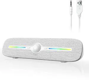SOULION R90 Bluetooth Computer Speakers for Desktop, USB Powered 3.5mm AUX PC Speakers with LED Dynamic Light, Portable Soundbar Speaker with Rotary Volume Control for Laptop Monitor, White