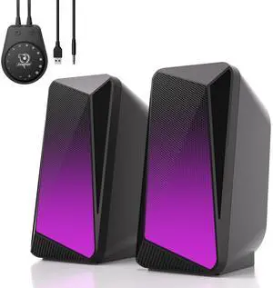 SOULION 2.0 Computer Speakers, USB Powered & 3.5 mm AUX Bluetooth Speakers for Desktop Monitor, LED Flame Lights & Easy-Control Pod, Gaming Speakers for Laptop Tablet Phone - Black