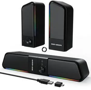 SENZER CS20 2 in 1 Bluetooth Computer Speakers for Desktop, USB Plug & Play Clear Sound PC Speakers with RGB Light, Monitor Sound Bar with Volume Knob, Gaming Speaker for PC Laptop Phone Tablet