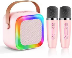 SECULEAD Mini Karaoke Machine for Kids Teen Adults, Kids Karaoke Machine with 2 Wireless Microphones and LED Lights Toys for Party, Home, Gifts for 4 5 6 7 8 9 10 11 12+ Years Girls Boys(Pink)