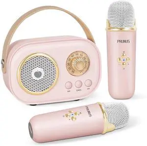 PRUNUS C20 Mini Karaoke Machine Portable Bluetooth Speaker with Wireless Microphone 6 Sound Modes for Adults&Kids Birthday Home Farmily Friends Party Gifts for Girls Boys Friends-Pink