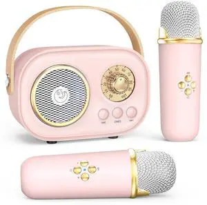 Mini Karaoke Machine with 2 Wireless Microphones,Portable Bluetooth Karaoke Machine for Kids Toys Gifts Boys Girls 3 4 5 6 7 8 9 10 11 12+ Years Old Home Party Birthday Karaoke Fun Set (Pink)