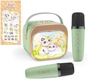 J&D Mini Karaoke Machine for Kids Adults, Portable Bluetooth Speaker with 2 Wireless Mics and Cat Sticker for Girls Boys Age 310 Birthday Gifts Princess Toys, Colorful LED, Green