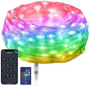Electight RGB Smart IC String Lights 16FT/5M [APP & Remote Control], 50 LEDs Multicolor Fairy Lights, USB Powered & IP65 Waterproof, Music/Voice Sync, Fairy String Lights for Christmas, Wedding, Party